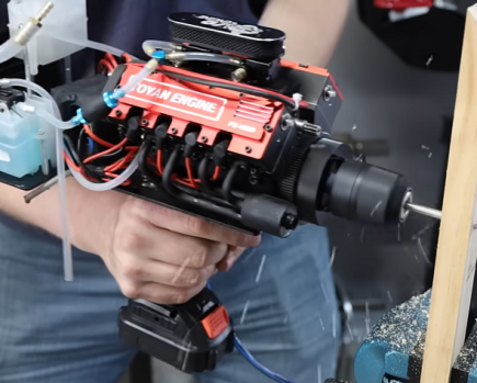 A custom-made cordless drill with a V8 engine.