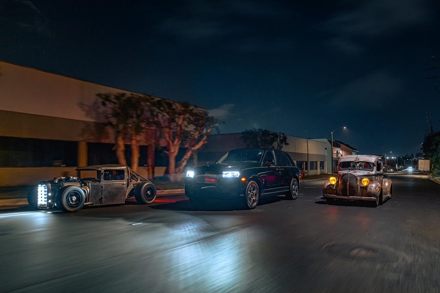 Rolls Royce and hot rod headlights at night.