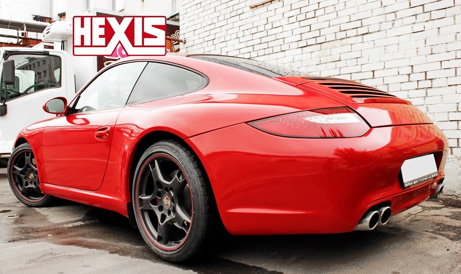 red Hexis wrap on a Porsche