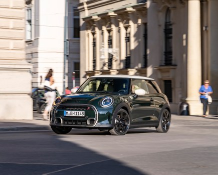 front 3/4 shot of mini f56 driving in city