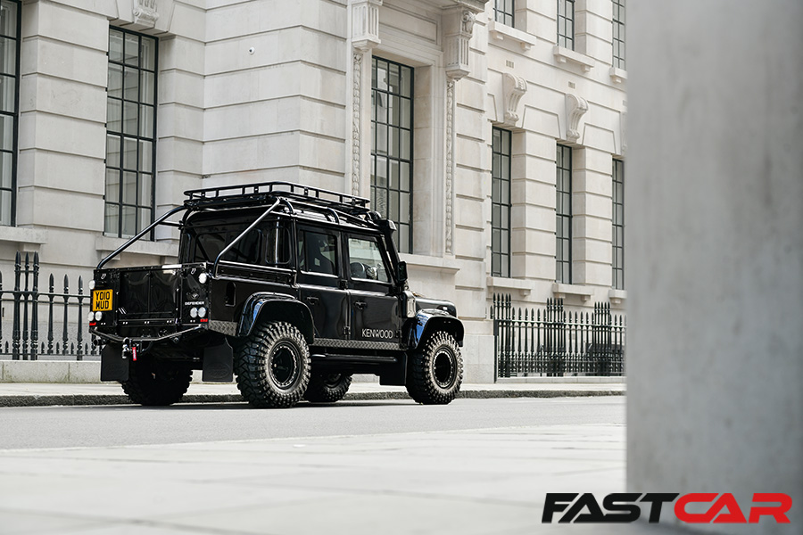 rear 3/4 shot of modified Land Rover Defender