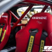 A close up of the red interior of a Rotor Mazda RX 7