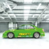 A left side shot of bright green Subaru WRX in a white parking garage