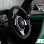A close up of the steering wheel of a Lotus Exige Cup 430