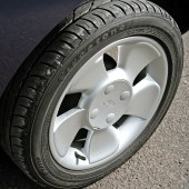 A close up of the silver alloy and tyre on a Ford Puma
