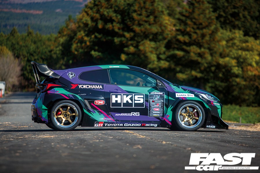 Side profile shot of GR Yaris on HKS coilovers, one of the best car suspension brands 