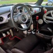 A view inside a Mini Cooper S GP R53, looking towards the steering wheel