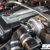 A close up shot of engine from a modified Nissan Skyline R32 GT-R
