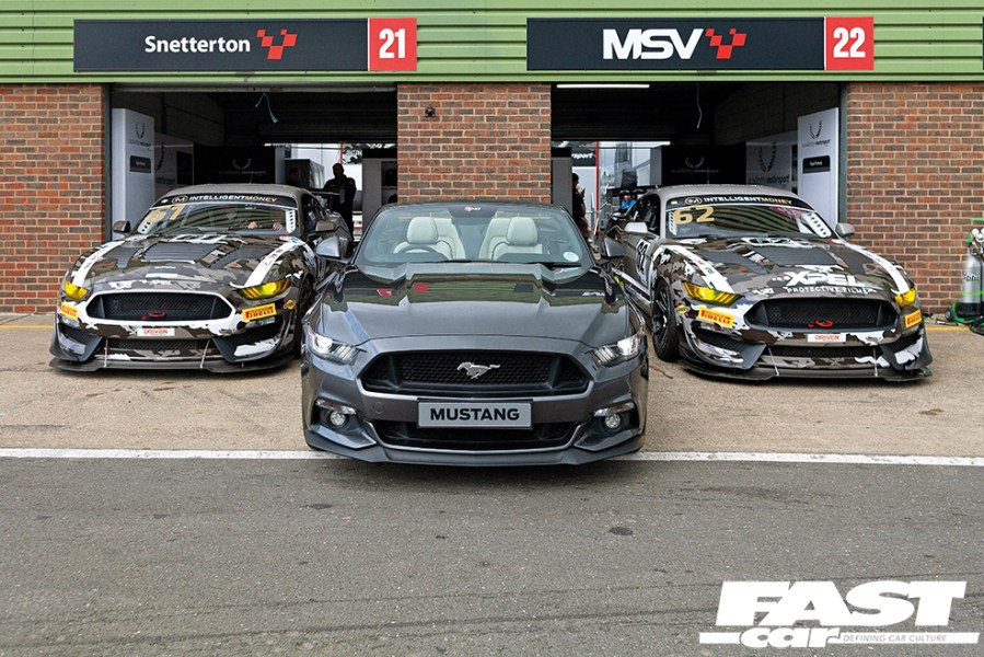 Three Mustang GT4s parked in a row outside a garage