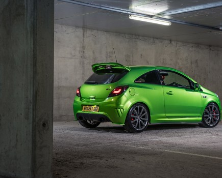 Rear right side shot of a lime green Vauxhall Corsa VXR 6