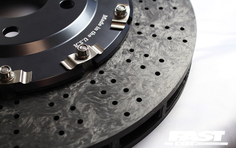 A detailed shot of a ceramic brake disc.